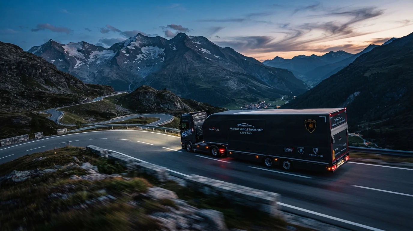 Closed car transporter on a European route